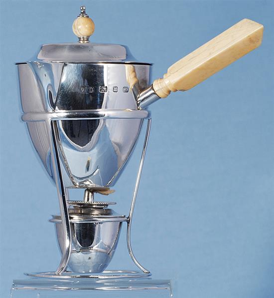 A late Victorian silver brandy pan, cover, burner and stand, by Thomas White, Height 178mm Gross weight 12.1oz/379grms